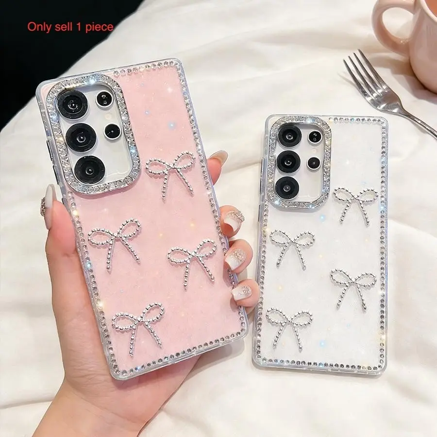 For Samsung A17 A07 A37 A57 S24 S25 FE S26 Plus S23 Ultra A16 A26 A36 A56 A15 A35 A55 5G Cute Bowknot Phone Case Bling Rhinestone Hard Shockroof Cover Shockproof Protective