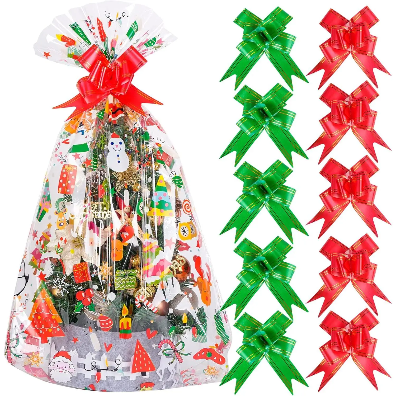20pcs Christmas Basket Bags 24x36 inch Snowman Santa Cellophane Bags with Pull Bow Set 10 Christmas Packaging Bag 10 Ribbon Bows