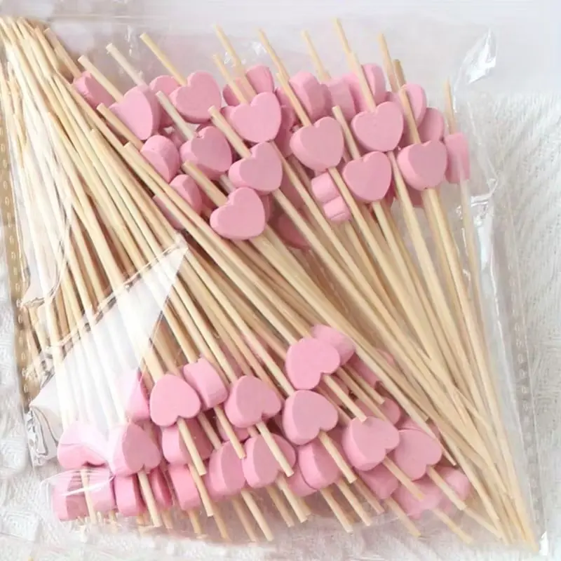 Heart-Shaped Bamboo Sticks, Wooden Decorative Cocktail Picks, Cocktail Accessories, Dessert Fruit Decoration, Perfect for Theme Weddings, Birthdays, Parties, Banquets and Family Gathering