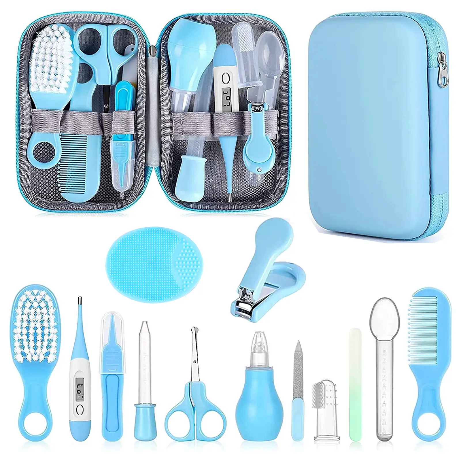 Baby Grooming Kit, Infant Safety Care Set with Hair Brush Comb Nail Clipper Nasal Aspirator,Baby Essentials Kit for Newborn Girls Boys (Blue)