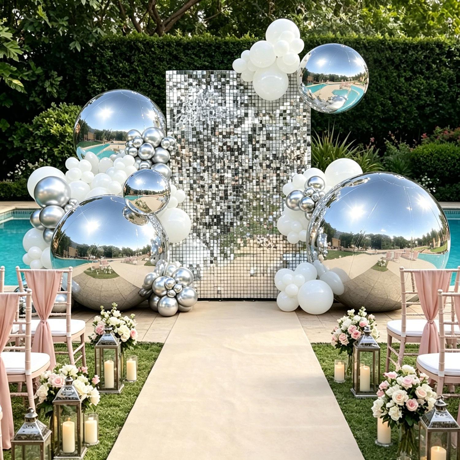 5 PCS Reflective Iridescent Silver Metallic Inflatable Mirror Ball Balloons Set with Pump - Reusable Giant PVC Spheres, Lightweight Party Decor for Festival, Outdoor Garden Home Supplies