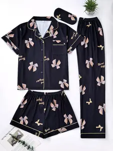 Women's Bow Print Top and Shorts Set, Comfortable Sleepwear, All-Season Home Wear, Casual Loungewear, Pajama Set, 2026 Fashion Collection