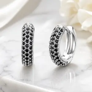 Silver Tone Black CZ Paved Huggie Hoop Earrings Frosty Korean Ins Style Sparkle Statement Daily Wear Jewelry  Accessories for Women Valentines&birthday Boujee Gifts for gf
