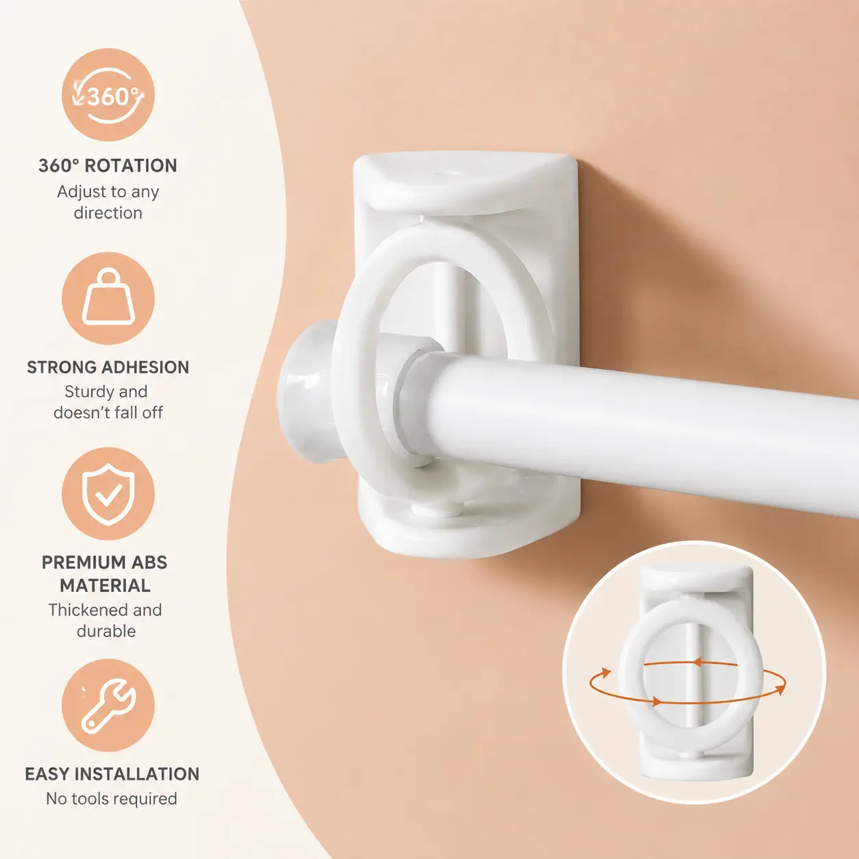2-Count Household No-Drill Self-Adhesive 360-Degree Rotating Curtain Rod Brackets, Thick ABS Holders for Bathroom, Kitchen Wall Installation