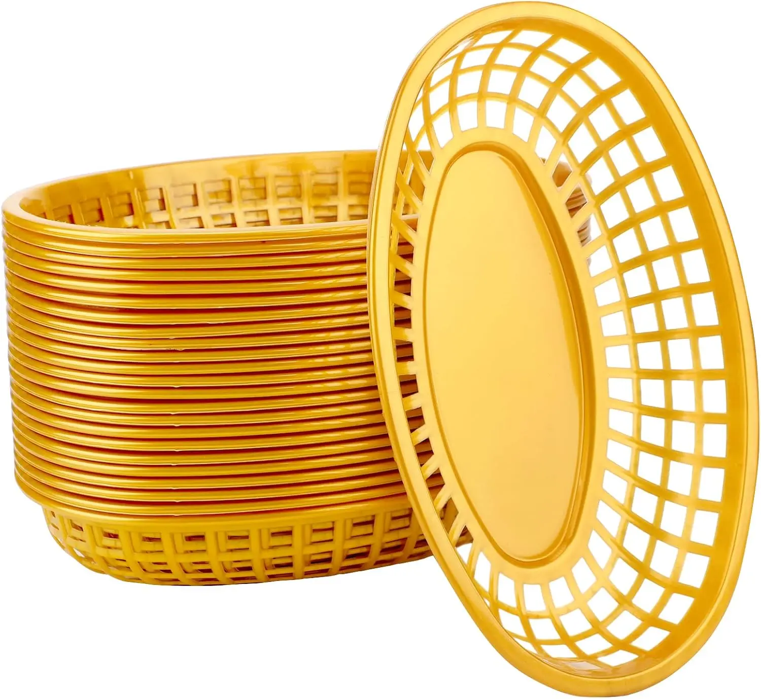 Plastic Food Baskets 24 Pack Gold Oval Reusable for Burger Fries Sandwiches Bread Rolls Fruit Bakery Family Party Serving Storage Display Decor