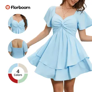 Florboom Women's Sweetheart Knot Front Mini Dress,Flutter Sleeve Layered Ruffle Hem A-Line Short Dress, Lightweight Summer Fit & Flare Dress for Vacation, Parties, and Everyday Style,Summervibes