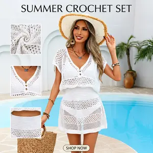 Women's Summer Beach Vacation Crochet Swimsuit Cover Up for Swimwear V-Neck Cinched Waist Slim Fit Mini Dress Boho Knit Bathing Suit Cover Ups Hand Wash Only