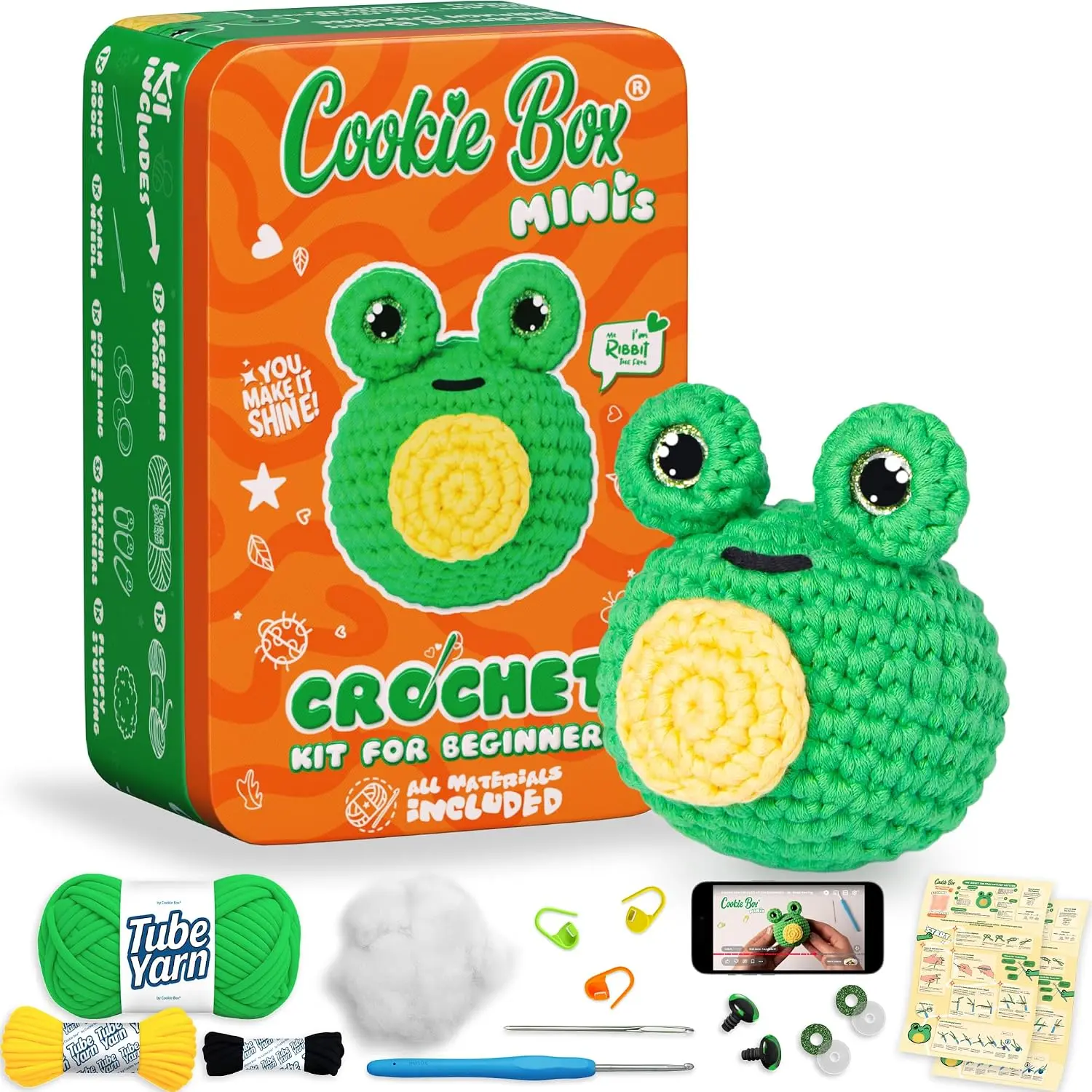Cookie Box MINIs Crochet Kit for Beginners – Gift Set to Make Frog Ribbit Amigurumi Plushie – Easy DIY Crochet & Knitting Starter Kit with Printed Instructions & Step-by-Step Video Tutorial