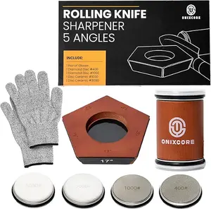 Onixcore Rolling Knife Sharpener 5 Angles (12,15,17,19,22°) - 5 Sided Rolling Knife Sharpener - Knife Sharpening Kit with Replacement Discs and Gloves - Rolling Sharpener for Knives