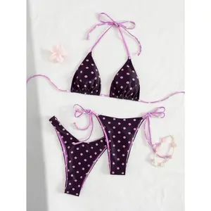 Sexy Fuchsia Purple Polka Dot Bikini Swimsuit Set – 2 Bottoms (Side Tie & Classic) Halter Bathing Suit for Flattering Beach Looks