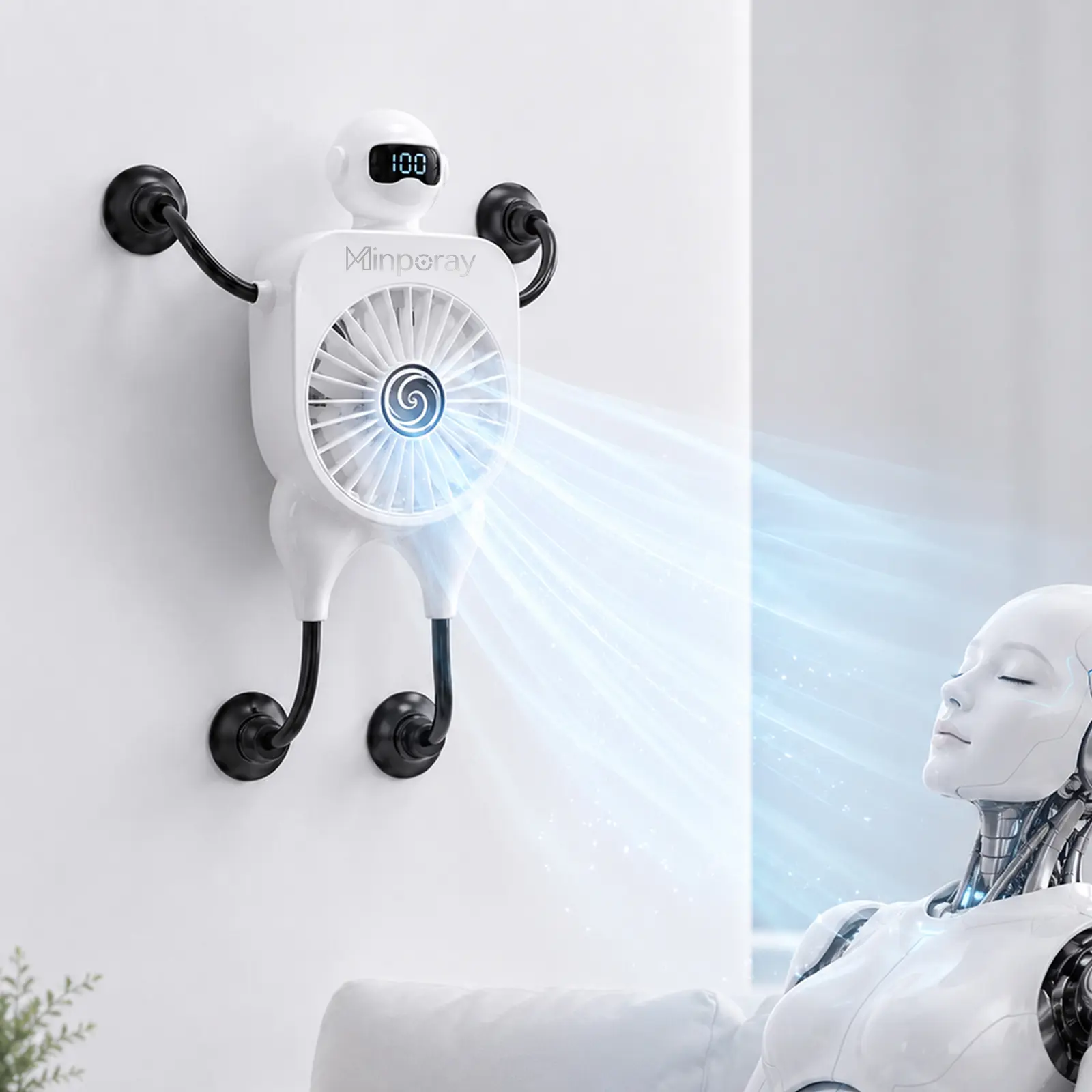 Portable Compact Suction Cup Fan - 100 Adjustable Speeds, 6 Speed Levels, Built-in Li-ion Battery, Long Endurance, Digital Display, Low Noise, 4 Suction Cups, Robot Form, Cooling Fan for Car Users, Desk, Stability Suction