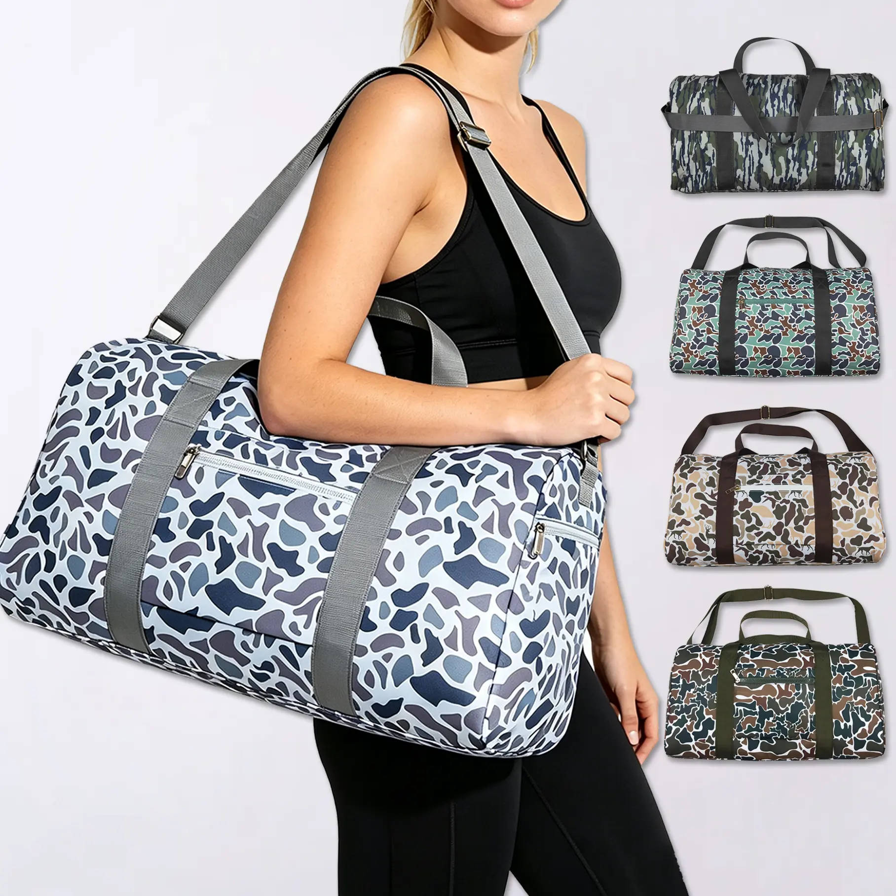 Women's Camouflage Print Carry-On Size Casual Sports Duffle Bag - Lightweight Overnight Bag with Multiple Compartments for Gym & Travel, Casual Sports Bag, Camouflage Print Travel Bags