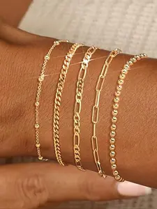 5-Piece Gold Plated Stackable Bracelets Set, Simple Cute Design, Perfect for Daily Wear, Stylish Accessory for Women, Layered Bracelet Set
