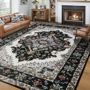 Machine washable vintage area rug, non-slip low-pile large rug for living room, bedroom, farmhouse, dining room, colors: black, orange, beige, grey, blue, sizes: 5x8, 7x10, 9x11 ft