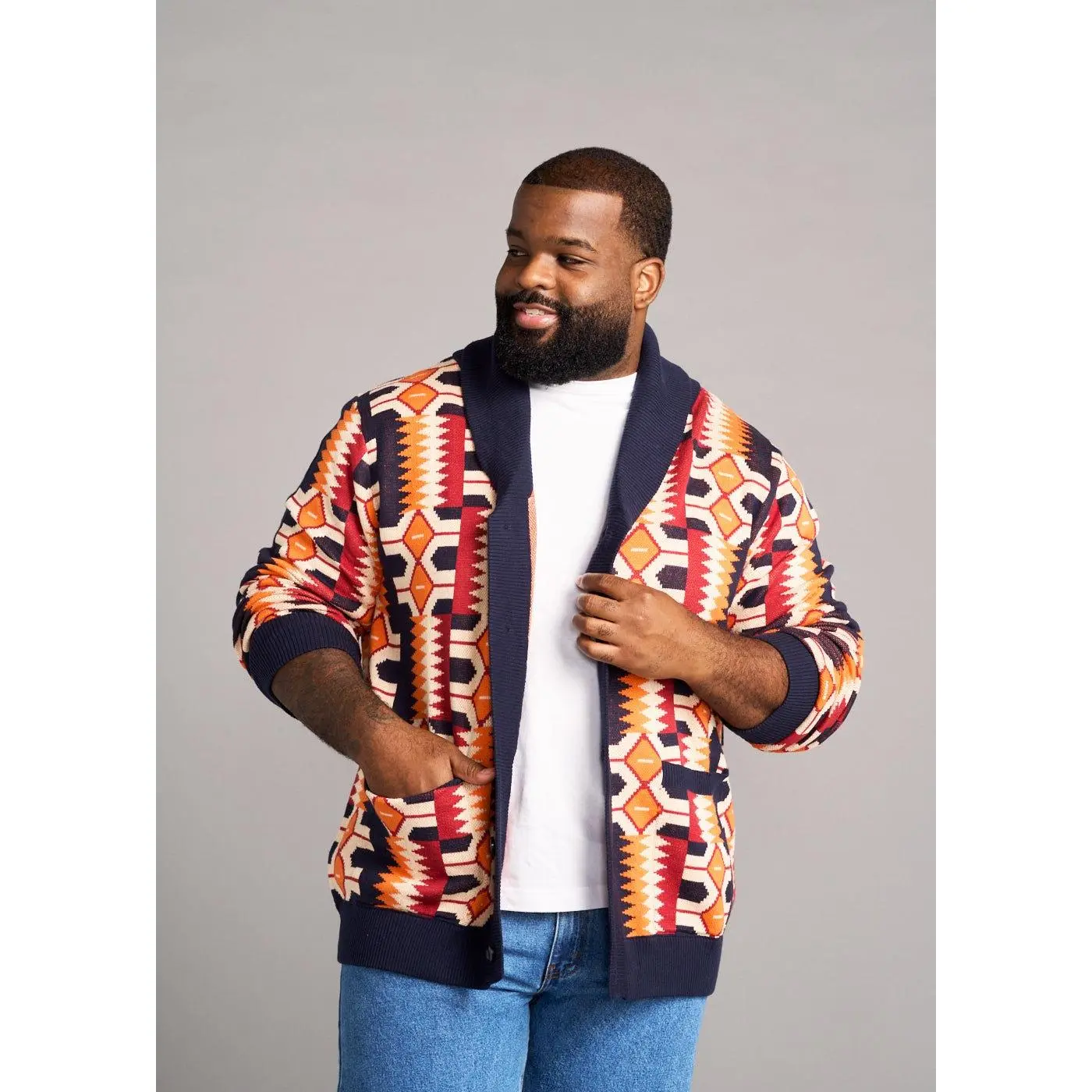 Aren African Print Button-Up Cardigan Sweater (Cream Orange Kente)
