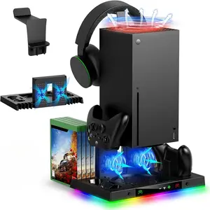 Cooling Stand for Xbox Series X, Controller Stand Gamepad Charge Seat with Headphone Hook & Game Discs Card Slot, RGB Light Double Fan Console Accessories, Game Controller Stand, Video Gamepad Console