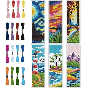 Landscape Theme Cross Stitch Bookmark, 1 Set DIY Art Set Including 6 Counts Printed Cross Stitch Cloth & Thread & Tools, Suitable for Sewing Beginners