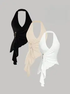 Women's Three-Piece Set, Casual Minimalist Bow Tie Metal Buckle Tight-Fitting Asymmetric Hem Vest, Tank Top, Camisole, Autumn