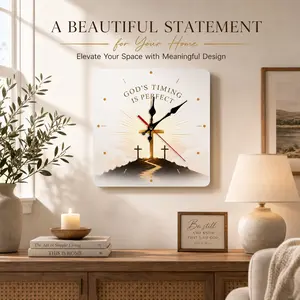 God's Timing Is Perfect Wall Clock, Christian Cross Square Silent Non-Ticking Quartz Clock for Living Room, Bedroom, Office, Church Decor