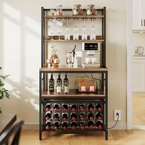 【Springtok】DWVO Kitchen Microwave Bakers Stand with Wine Rack, Wine Rack Freestanding Floor, Small Storage Shelves for Liquor Bottle Glasses Power Outlet Farmhouse Coffee Bar 31/35 Inch