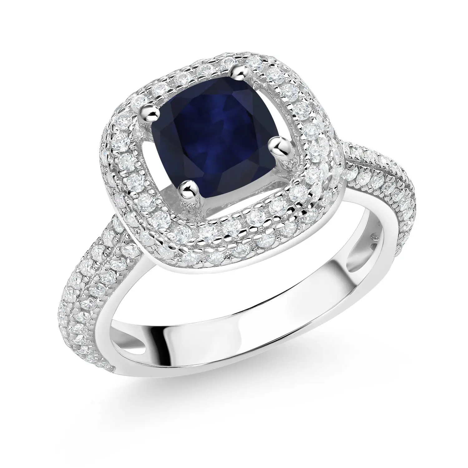 1.93 Cttw Blue Sapphire and White Moissanite Engagement Ring For Women | 925 Sterling Silver | Cushion 6MM | Gemstone Birthstone | Wedding Engagement Anniversary Ring For Women