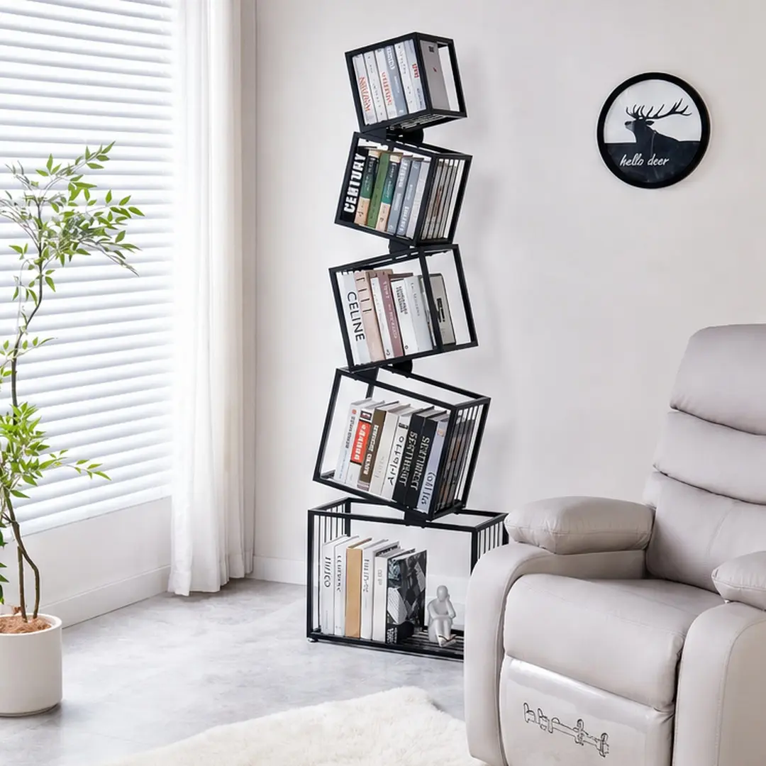 5-Tier Metal Geometric Bookshelf - Modern Narrow Floor Bookcase, Space-Saving Home Office Furniture Organizer for Living Room, Bedroom, 66.9in Tall Black Iron Open Shelf with Anti-Tip Kit, Iron/MDF Material