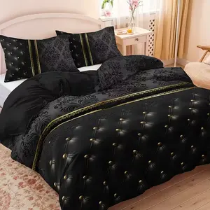 3-piece luxury black and gold texture floral pattern Decorative bedding set, 1 duvet cover + 2 pillowcases (excluding filling), high-definition print for all seasons, stylish home decor, premium bedding