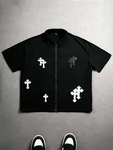 Men's Fashion Streetwear Zipper Collar Loose Casual Fit Short Sleeve Shirt, Casual Collared Shirt, Geometric Cross Pattern Print, Versatile Casual Top, Summer Clothing, Menswear