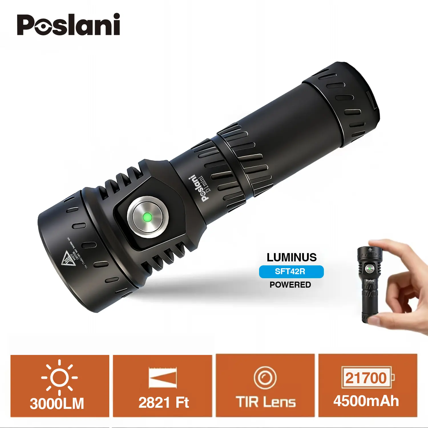 Poslani D1mini 6061 Grade Aluminum Alloy Handled Flash Lights - 3000lm SFT42R LED, 4500mAh 3.0V - 4.2V Lithium Ion Battery Rechargeable EDC, 860m TIR Lens, IP68 Waterproof Magnetic Tail, Automatic Step Down Outdoor Hiking Emergency Light, 1X 21700