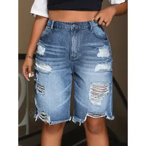 Women’s plus-size denim shorts for spring and summer, breathable and comfortable, featuring a rippled design for casual wear, paired with women’s mid-thigh pants GARMENTARY