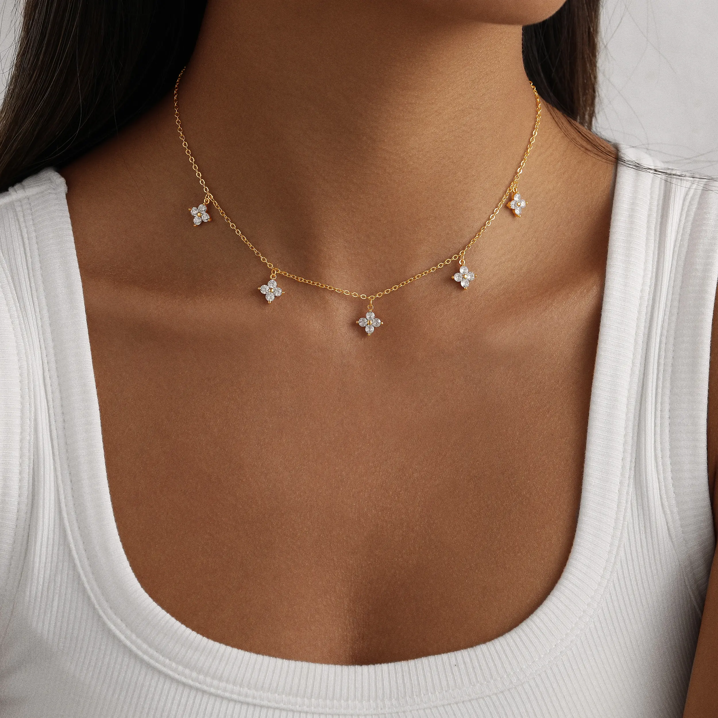 Pancert Dainty Floral Choker Necklace, Gold-Plated with Sparkling CZ Charms, Trendy Feminine Accessories for Women, Ideal Womens Gifts, Trendy Charms Necklace, Sparkling Cz Necklace