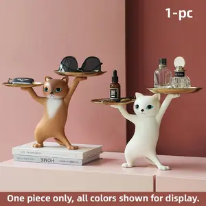 Resin Cartoon Dancing Cat Statue Figurine Decorative Sculptures with Double Metal Tray, Animal Sculpture Key Sundries Candy Nut Storage Tray for Home Desk Bedroom Office Entrance Decor Gift