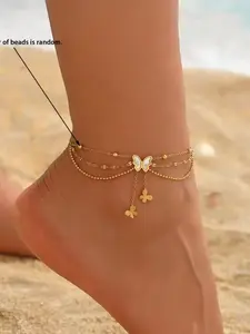 Women's Stainless Steel Beaded Three-Layer Butterfly Fringe Anklet, Trendy Fashion Jewelry, Hand Cut, Random Bead Count, Dainty Layered Anklet