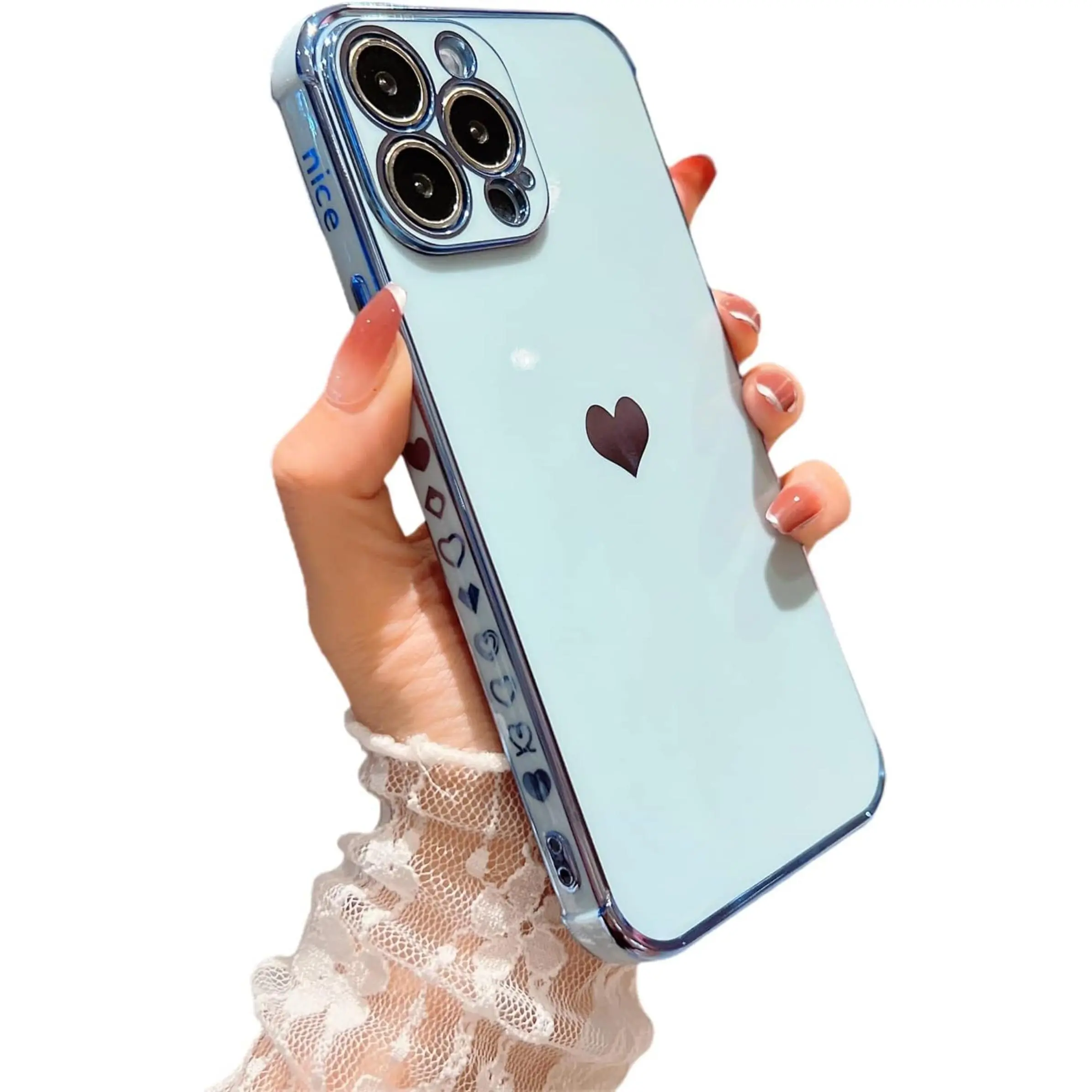 For iPhone 17 Air 17 16 15 14 13 12 11 Pro Max Luxury Gold Plating Cute Love Heart Side Pattern Phone Case for Women, Camera Protection Soft Silicone Shockproof Bumper Cover