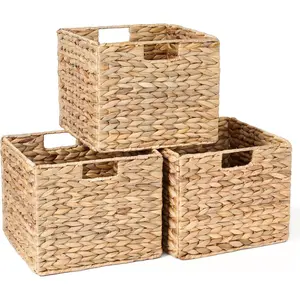 Water Hyacinth Storage Baskets, 12X12X10in Wicker Storage Cubes Set of 3, Kitchen Baskets for Storage Pantry, Baskets for Pantry Organization, Foldable Square Baskets for IKEA Kallax