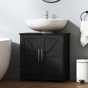 Farmhouse Pedestal Sink Storage Cabinet with 2 Barn Doors Adjustable Shelf Distressed Black 23.6" L x 11.8" W x 23.6" H Anti-Tipping Design for Small Bathrooms