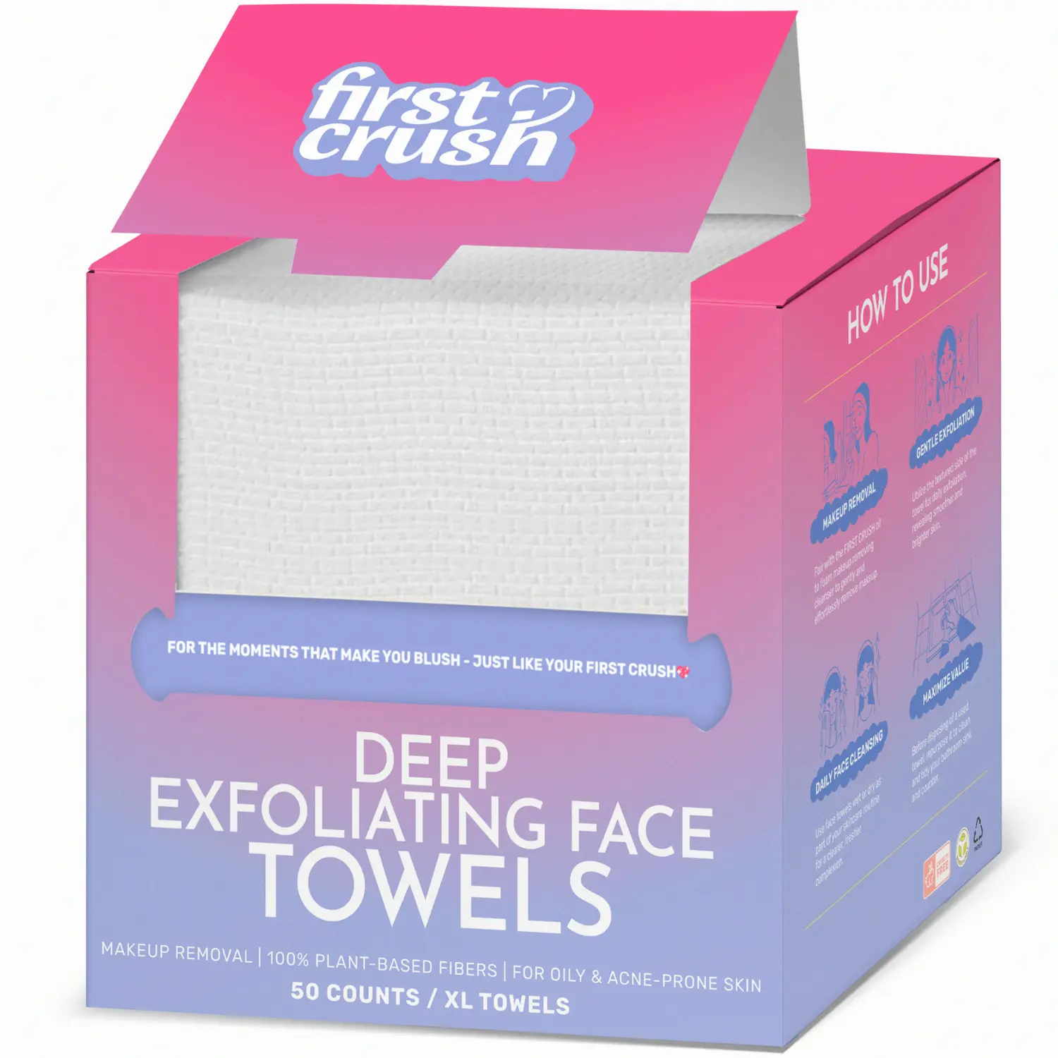 FIRST CRUSH CICA-Coated Exfoliating Face Towels, Disposable Face Towelette, Makeup Remover Dry Wipes, Ultra Soft, XL, 50 Ct