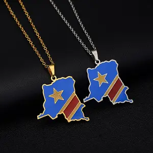 New African Congo Flag & Map Pendant Necklace | Ethnic Style | Hip-Hop Style | Fashion Accessories | Party Jewelry | Unisex | Vintage Style | Creative National Map & Flag Necklace | Premium Gift Pick |