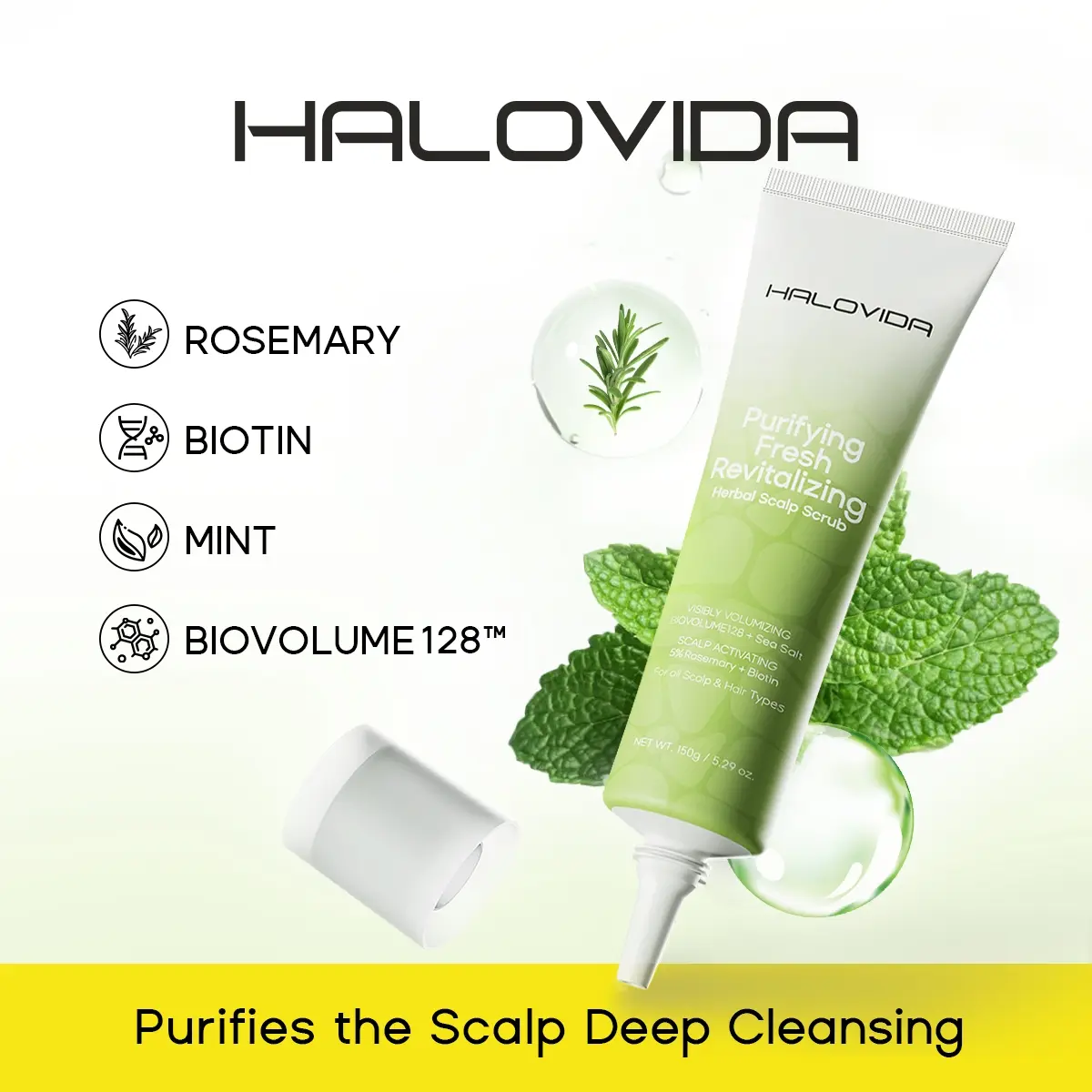 HALOVIDA BIOVOLUME128,Biotin,Rosemary Mint Herbal Scalp Scrub shampoo for Scalp Calming,Natural Volume Boosting,Pure,Deep Cleanser, & hair Refreshing All In One ,Paraben Free,Gentle formula for all types,150g