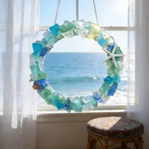 Handmade Sea Glass Wreath, 3 Sizes Available, Coastal Style Ocean Inspired Design Resin Starfish Craft, Home Decor Hanging Decoration for Doors, Windows, Kitchen Cabinets, Chairs, Walls