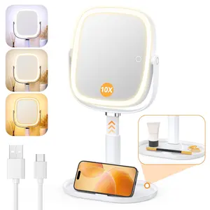 Lighted Makeup Mirror with Lights and Magnification 1X/10X, Tray Base and for Desk, 4000mAh Battery, 3 Color Lights&Memory Function for Bedroom - White
