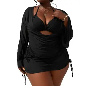 Plus Size Black 3-Piece Swimsuit Set, Halter Bikini with Mesh Long Sleeve Drawstring Cover-Up Dress, Tummy Control Swimwear for Women Beach Vacation