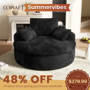 COPIAE 59" Oversized Round Corduroy Chaise Lounge Chair, Double-Layer Upholstered Cushion Sofa Bed with 2 Throw Pillows & Back Pillow for Living Room, No Assembly Required summervibes