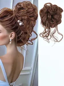 Fluffy Curly Messy Bun Hair Piece - 10 Inch Tousled Updo with Elastic Band & Clip - Synthetic Hair Extension Scrunchie for Women, Wavy Ponytail Everyday Style Synthetic Hairpiece