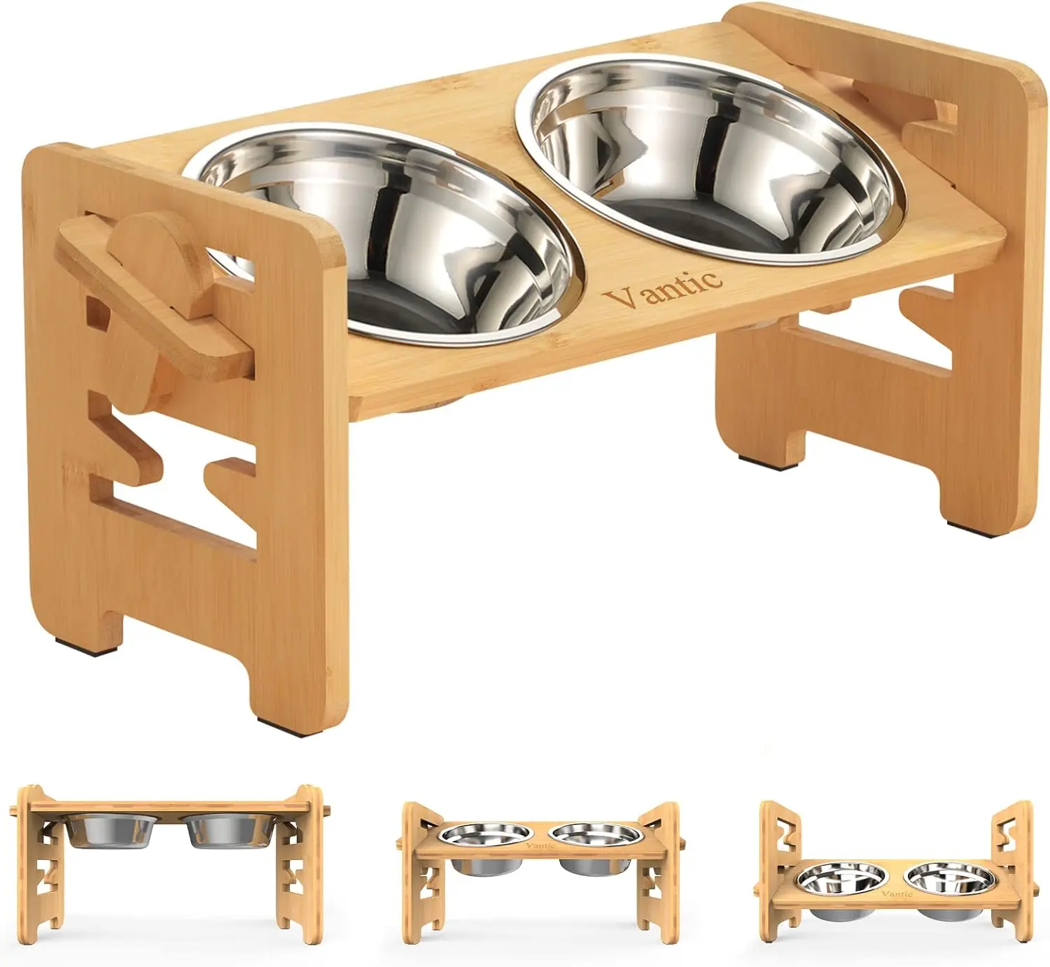 Adjustable Elevated Bamboo Dog Bowls - Rustic Home Decor Dual-Bowl Pet Feeder with Slot Frame, 2 Stainless Steel 28oz Dishes, 15° Tilt, Anti-Slip Base for Small Puppies (4-6in Height), Elevated Feeding Bowl