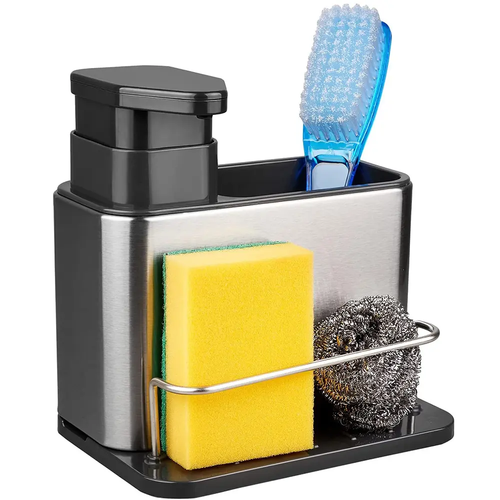 Kitchen Sink Liquid Soap Dispenser Set, Stainless Steel Pump + Sponge Holder + Drain Rack, Rust-Resistant Design, Ideal for Kitchen Counter Organization, Soap Canister, Soap Container