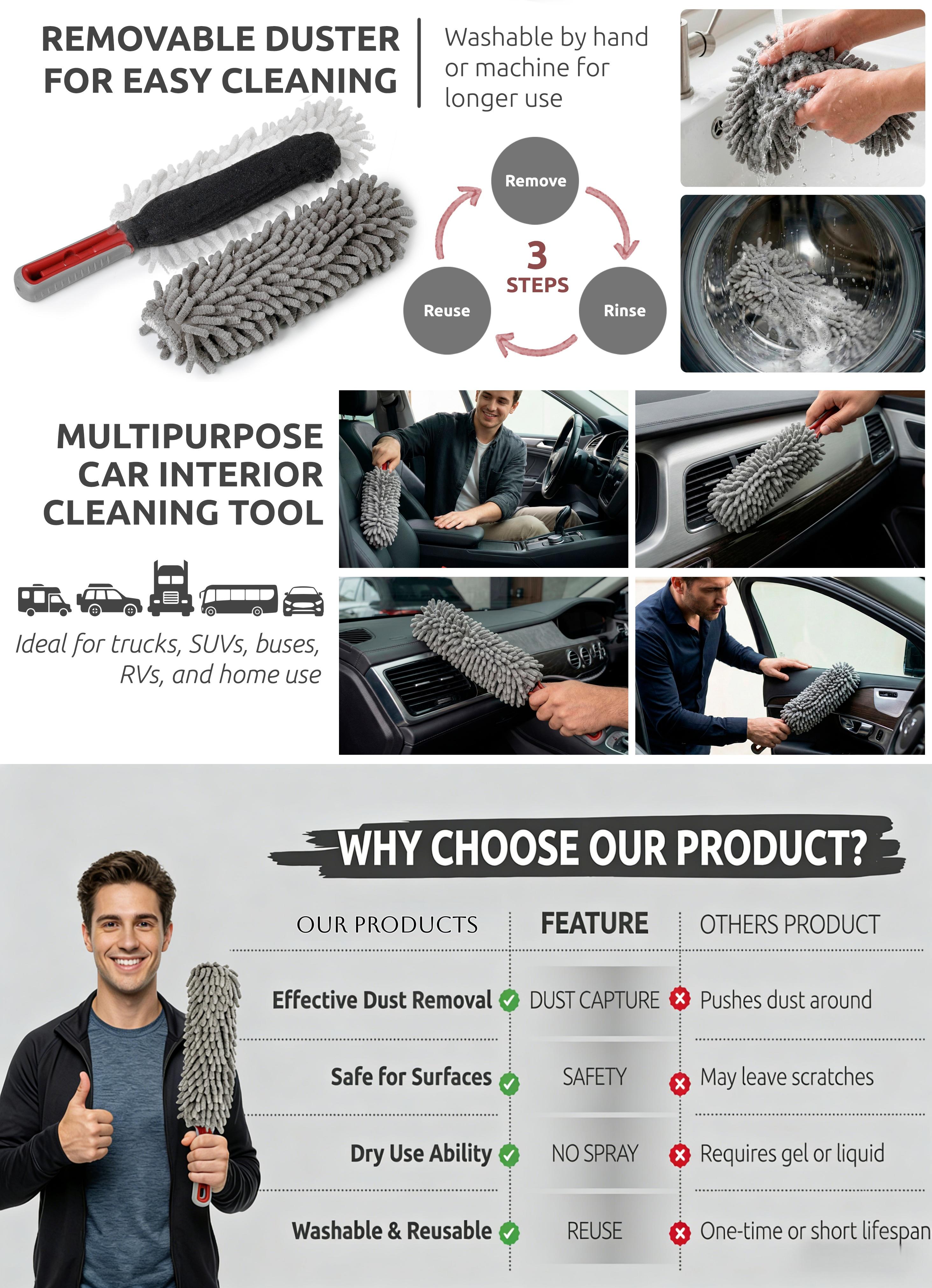 Car Interior Duster 360° Microfiber with Comfort Handle & Towel