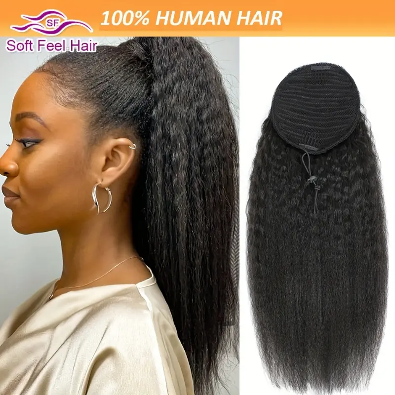 100% Human Hair Brazilian Afro Kinky Straight Drawstring Ponytail Extension - Natural Black Remy Hair for Women, Soft & Versatile Style, Ponytail Hair Extensions