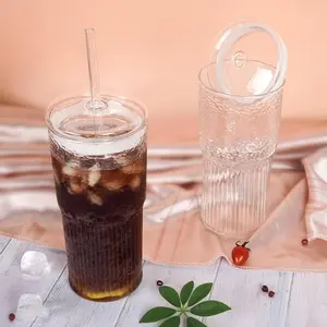 Glass Cups Set Glass Tumbler With Lid And Straw Drinkware, Ice Coffee Cups, 550ml , Bottles, Tumblers and Mug for Juices and Milk, New Year Gifts
