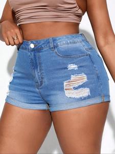 【plus size】 women's high waist ripped stretch denim mom shorts, casual fashion shorts for daily outdoor wear, lady plus clothing for summer, shorts for women, jean shorts, womenswear, clothes for women, fitted denim shorts, bottom, casual comfy shorts